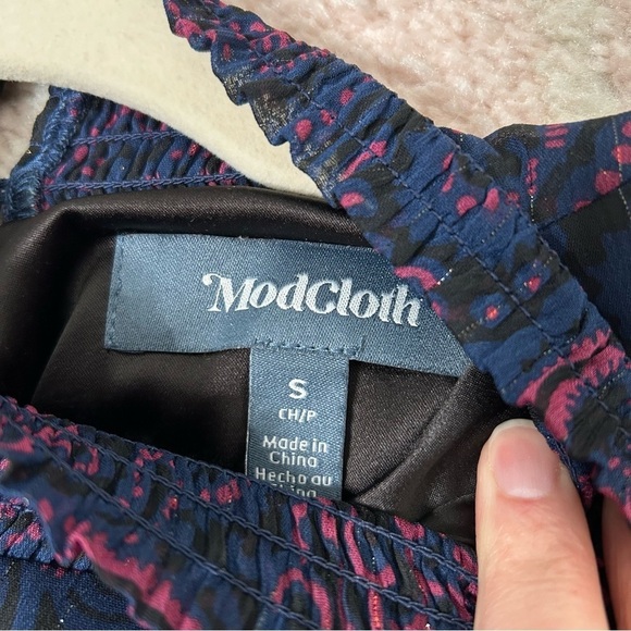 ModCloth Pink Navy Black and Gold Paisley Mini Dress Long Sleeves Size Small - Picture 3 of 13